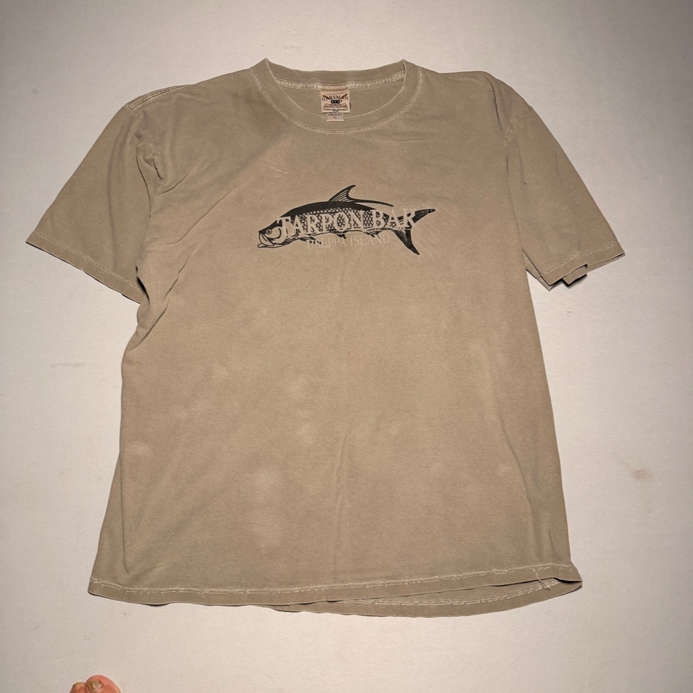 Vtg Oarsman 913 Shirt Mens L Tan Tarpon Bar Useppa Island Cotton Fish Distressed
